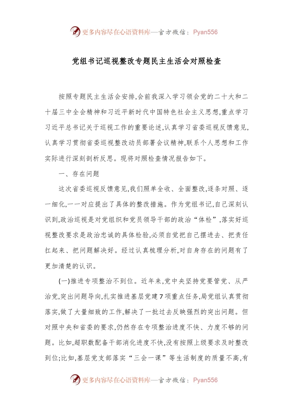 党组书记巡视整改专题民主生活会对照检查.docx_第1页