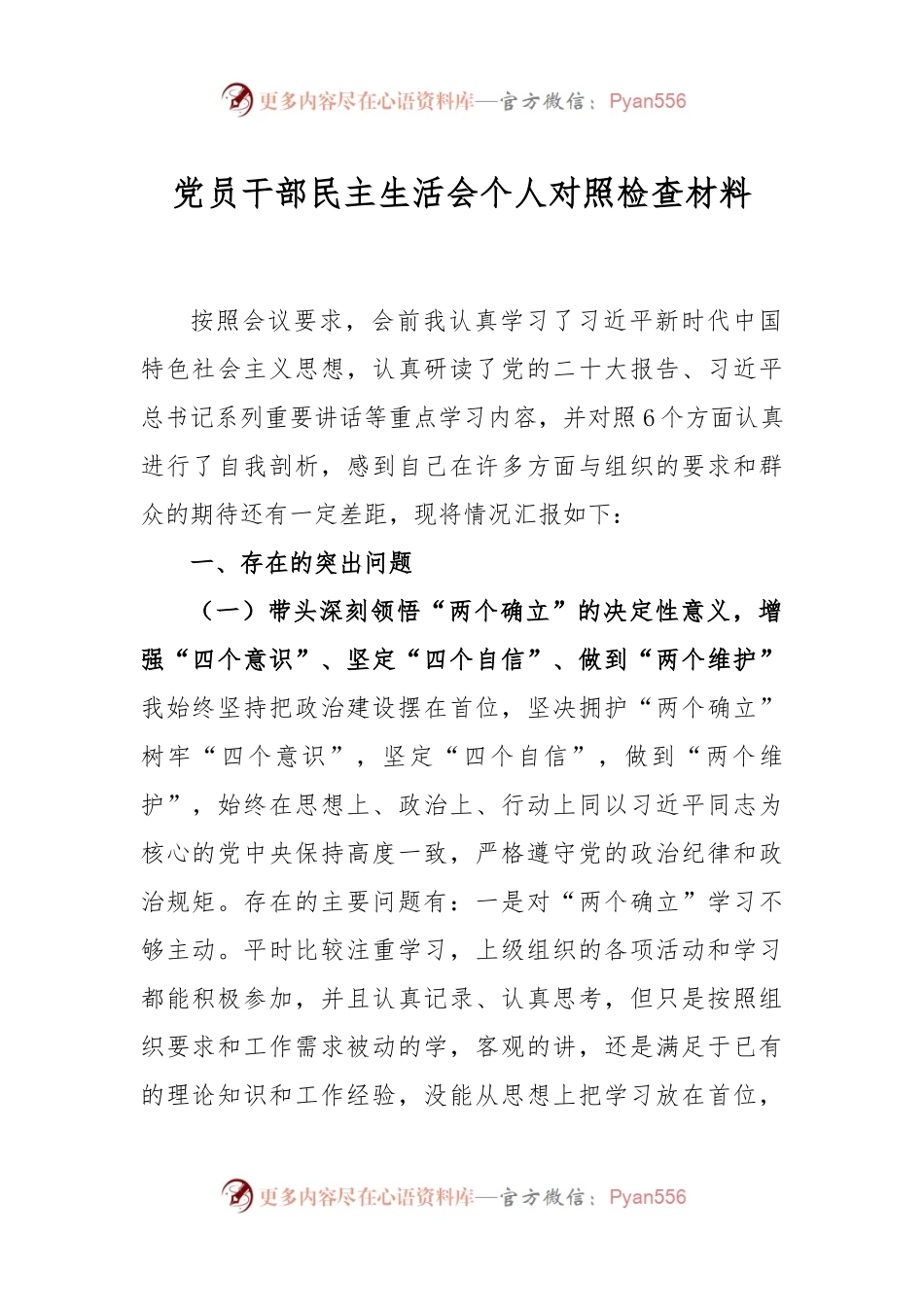 党员干部民主生活会个人对照检查材料.docx_第1页