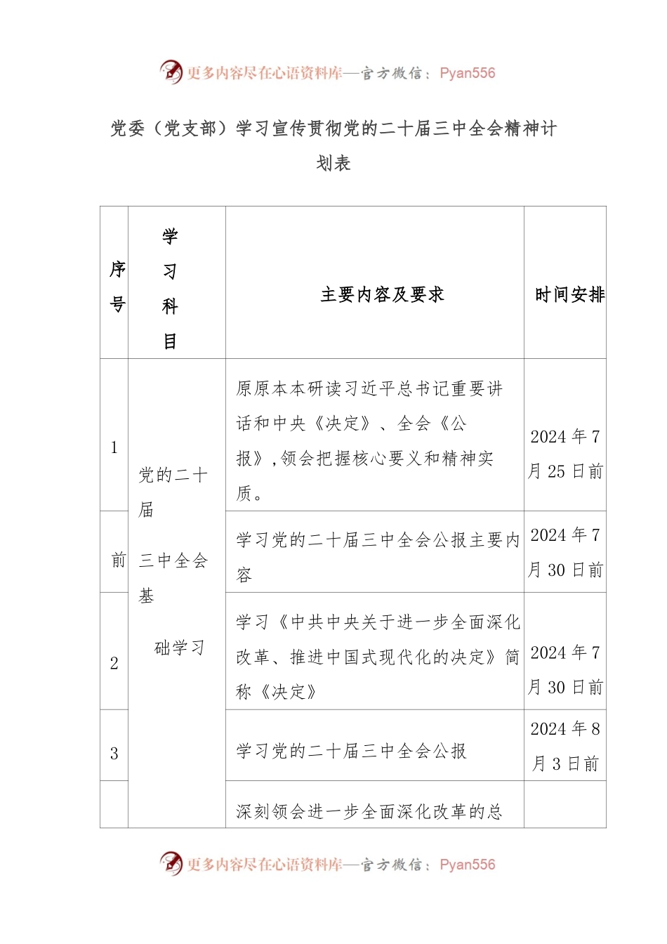 党委（党支部）学习宣传贯彻党的二十届三中全会精神计划表.docx_第1页