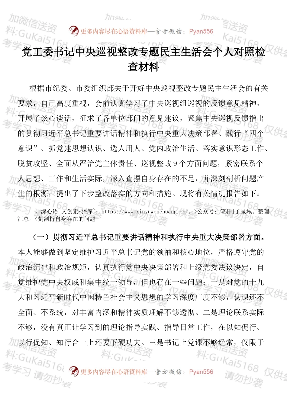 党工委书记中央巡视整改专题民主生活会个人对照检查材料.docx_第1页