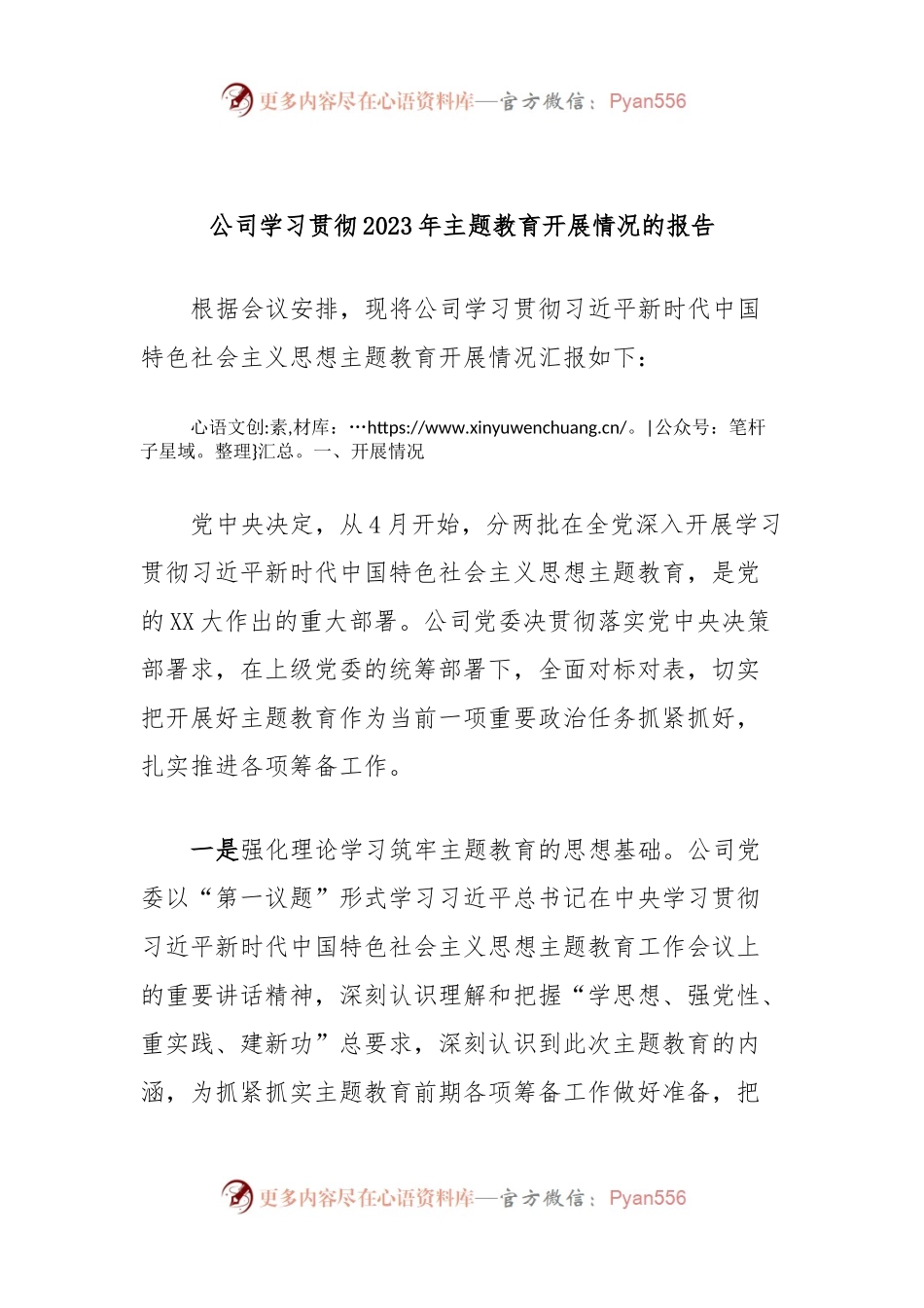 公司学习贯彻2023年主题教育开展情况的报告.docx_第1页