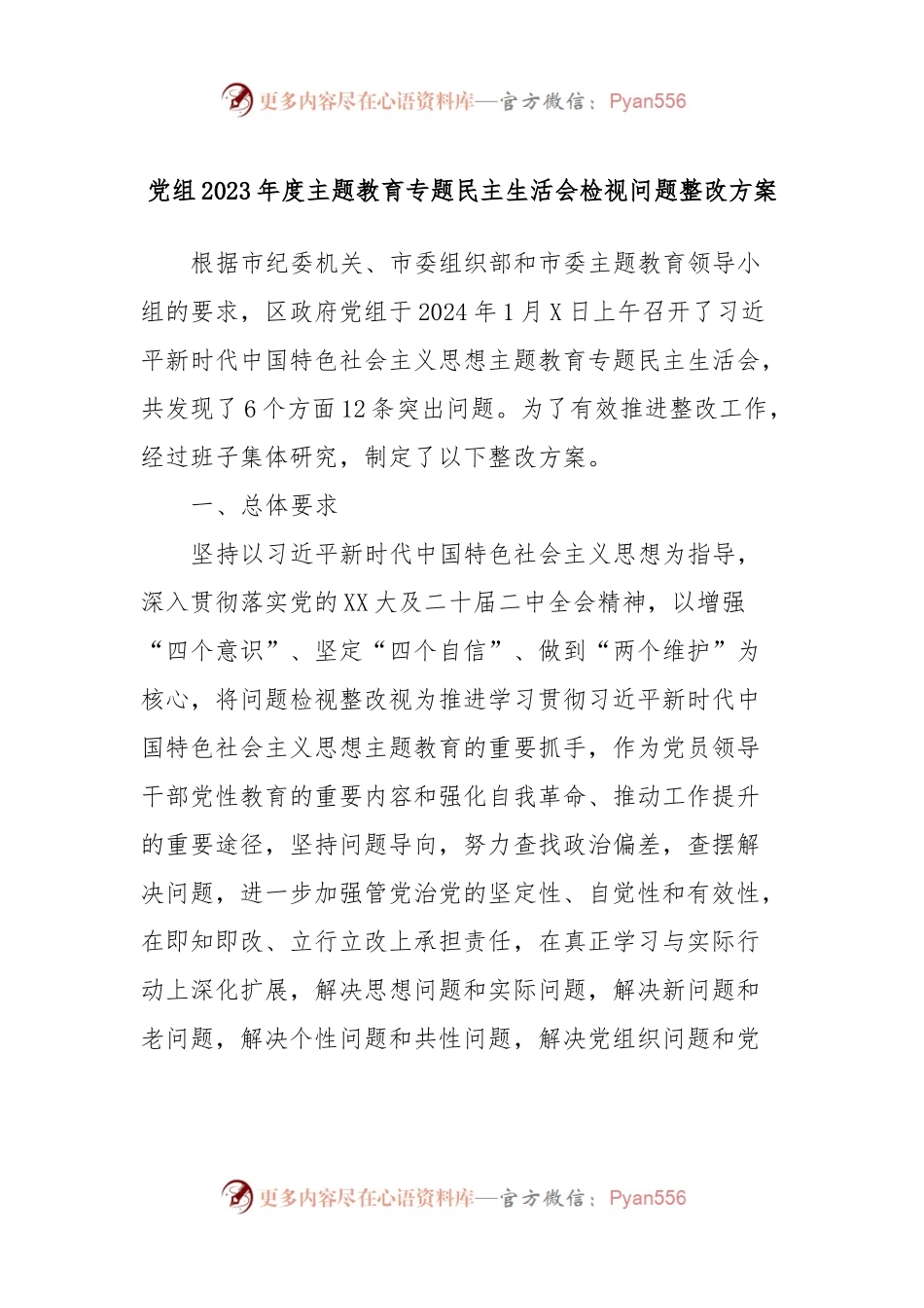 党组2023年度主题教育专题民主生活会检视问题整改方案.docx_第1页