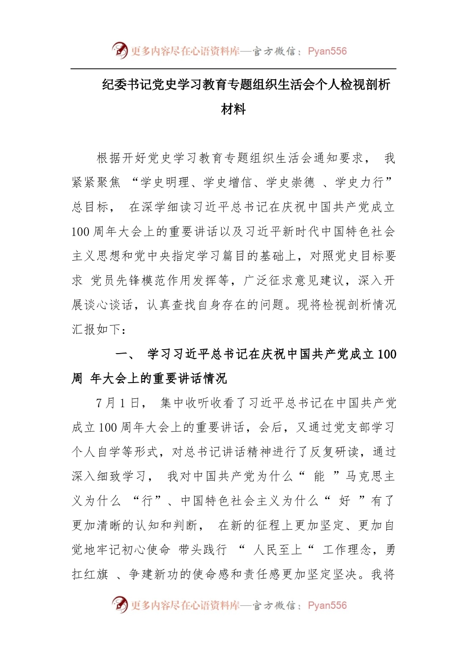 党史学习教育专题组织生活会个人检视剖析材料[极简版].docx_第1页