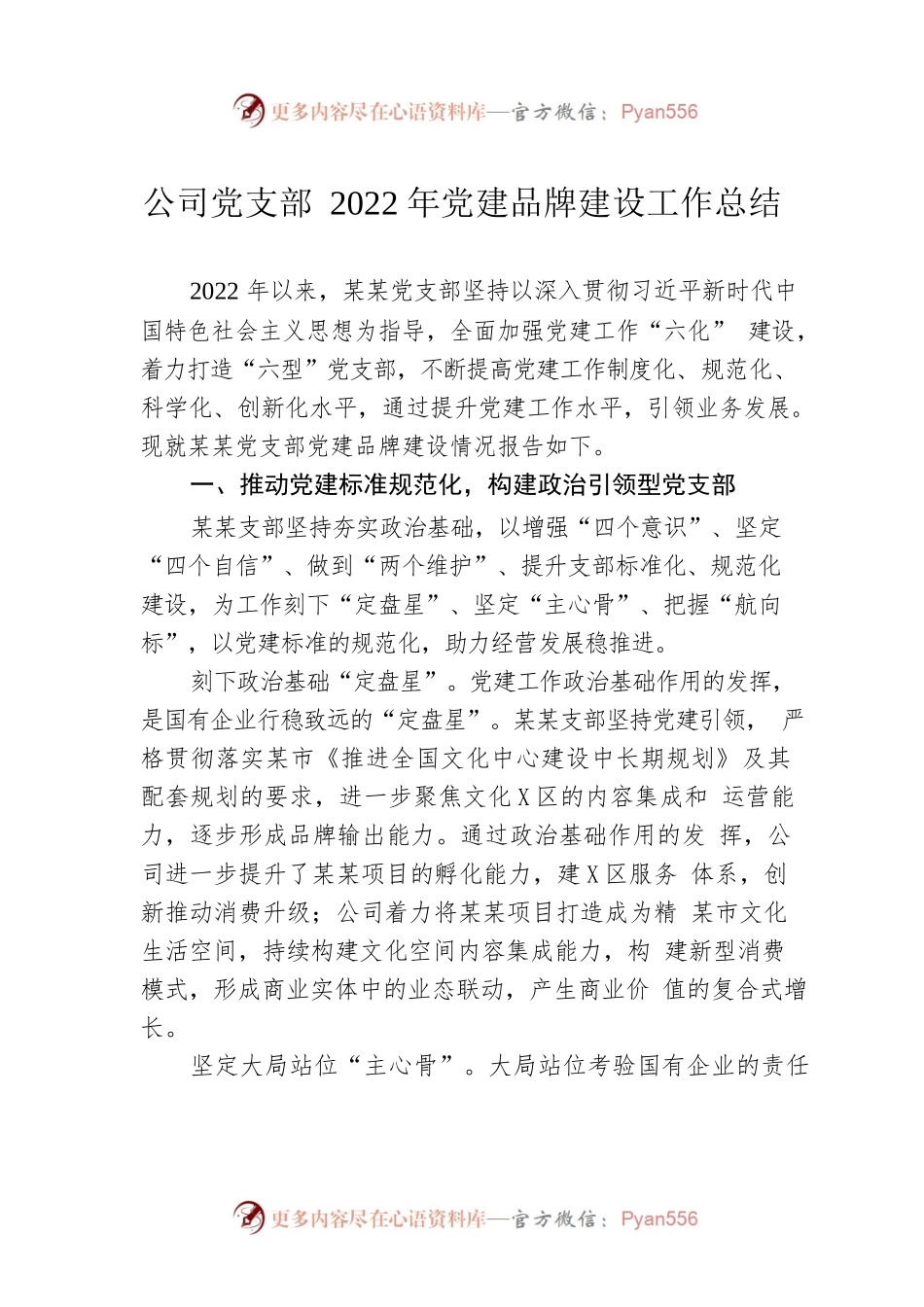 公司党支部2022年党建品牌建设工作总结.docx_第1页