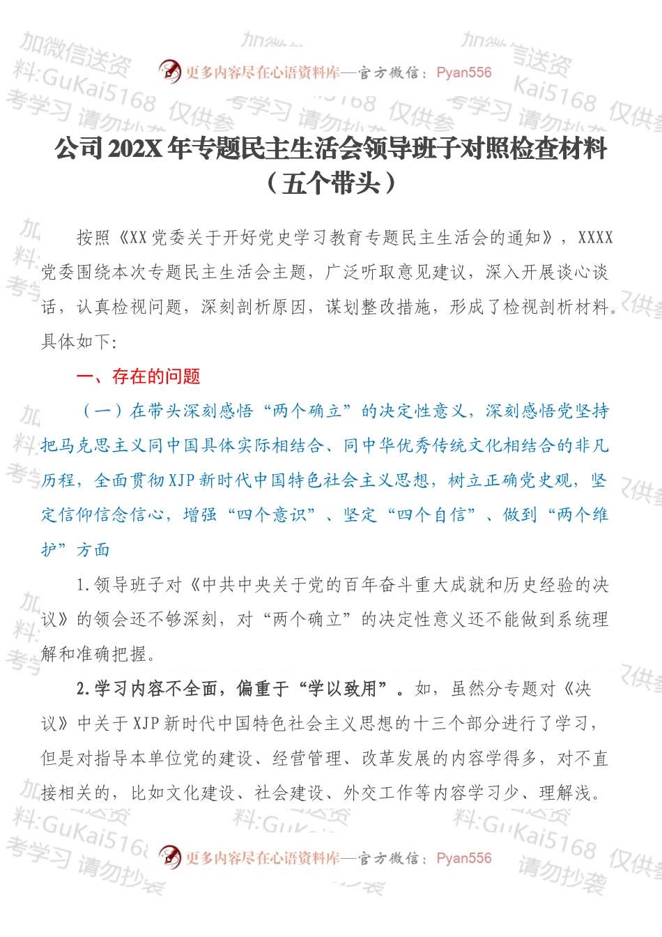公司202X年专题民主生活会领导班子对照检查材料（五个带头）.docx_第1页
