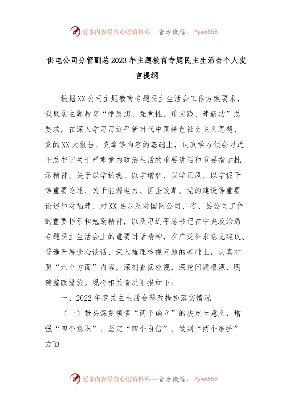 供电公司分管副总2023年主题教育专题民主生活会个人发言稿提纲.docx_第1页