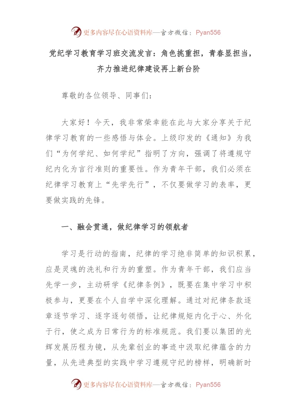 党纪学习教育学习班交流发言：角色挑重担，青春显担当，齐力推进纪律建设再上新台阶.docx_第1页