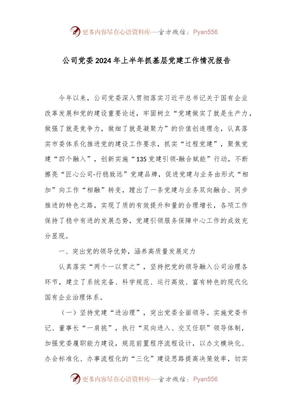 公司党委2024年上半年抓基层党建工作情况报告.docx_第1页