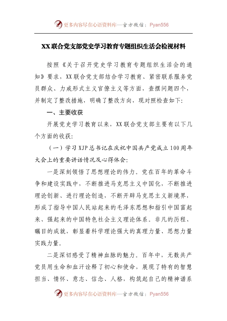 党支部党史学习教育专题组织生活会检视材料.docx_第1页