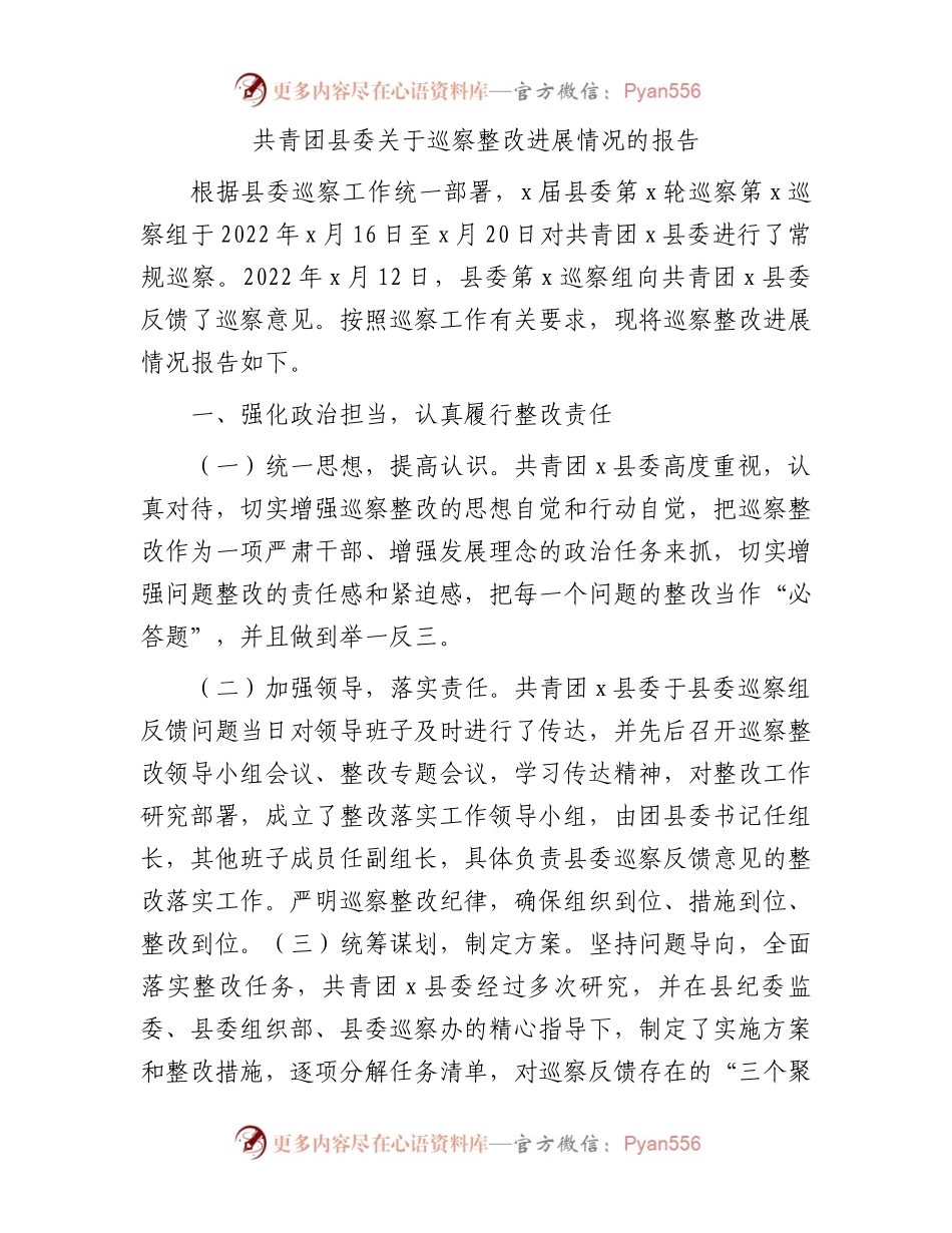 共青团县委关于巡察整改进展情况的总结报告.docx_第1页
