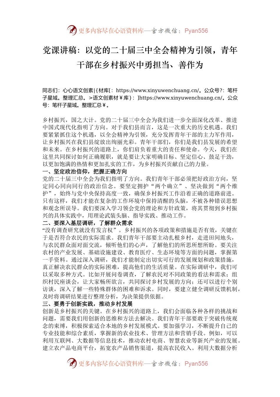 党课讲稿：以党的二十届三中全会精神为引领，青年干部在乡村振兴中勇担当、善作为.docx_第1页