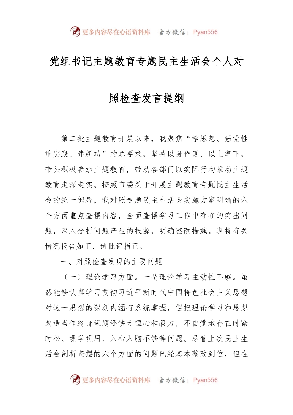 党组书记主题教育专题民主生活会个人对照检查发言稿提纲.docx_第1页
