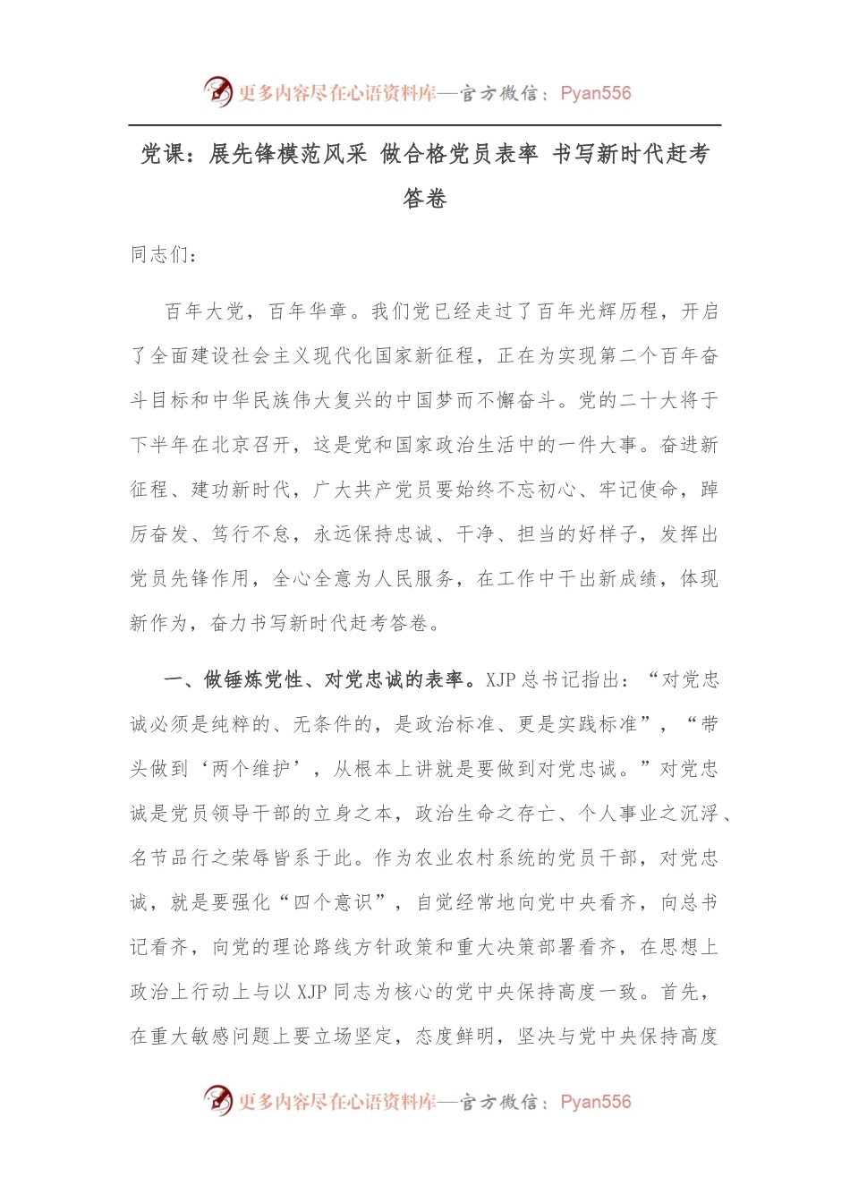党课：展先锋模范风采 做合格党员表率 书写新时代赶考答卷.docx_第1页