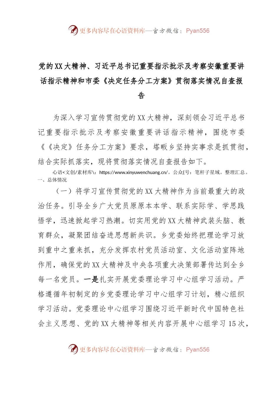 党的XX大精神、习近平总书记重要指示批示及考察安徽重要讲话指示精神和市委《决定任务分工方案》贯彻落实情况自查报告.docx_第1页