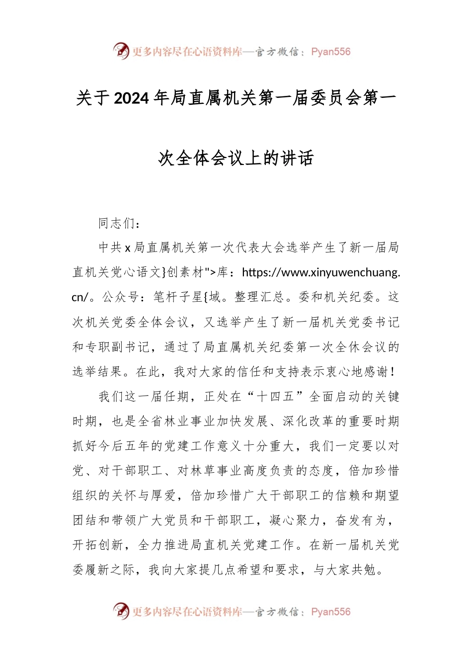 关于2024年局直属机关第一届委员会第一次全体会议上的讲话稿.docx_第1页