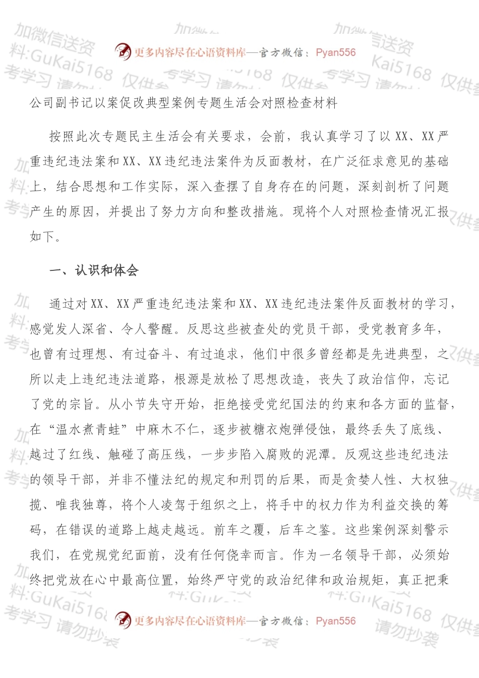 公司副书记以案促改典型案例专题生活会对照检查材料.docx_第1页