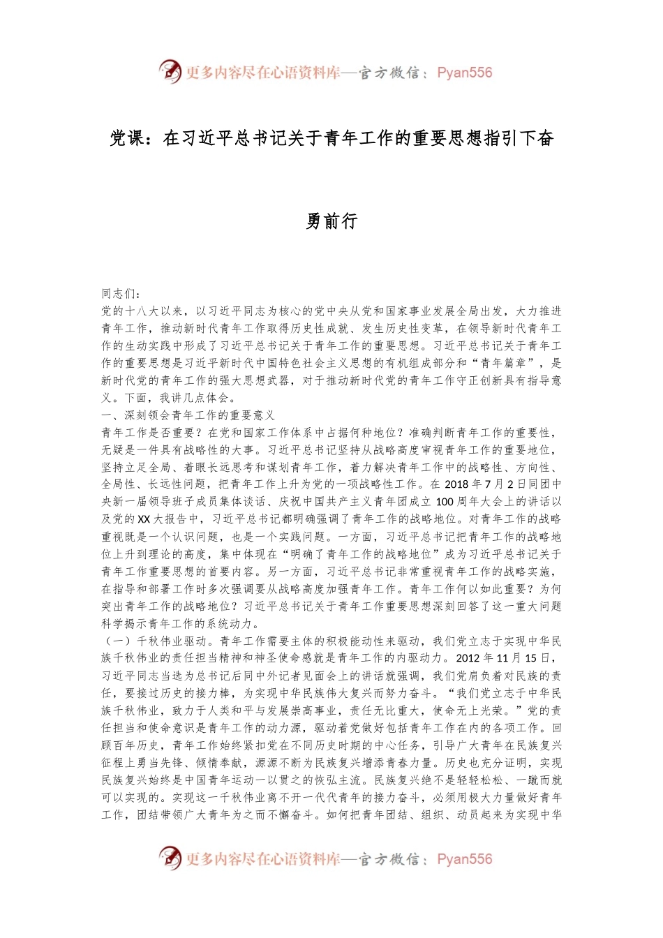 党课：在习总书记关于青年工作的重要思想指引下奋勇前行.docx_第1页