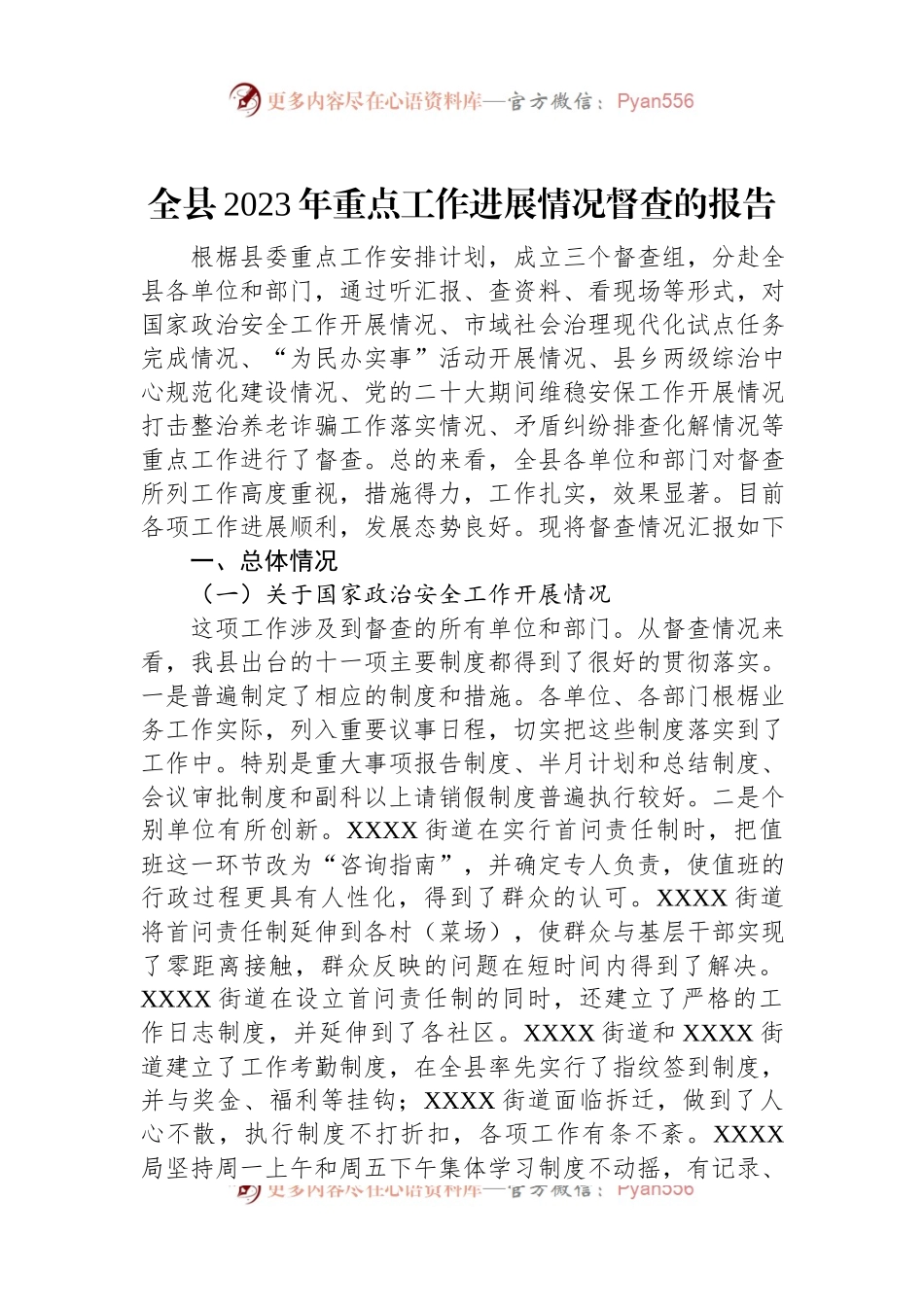 全县2023年重点工作进展情况督查的报告.docx_第1页