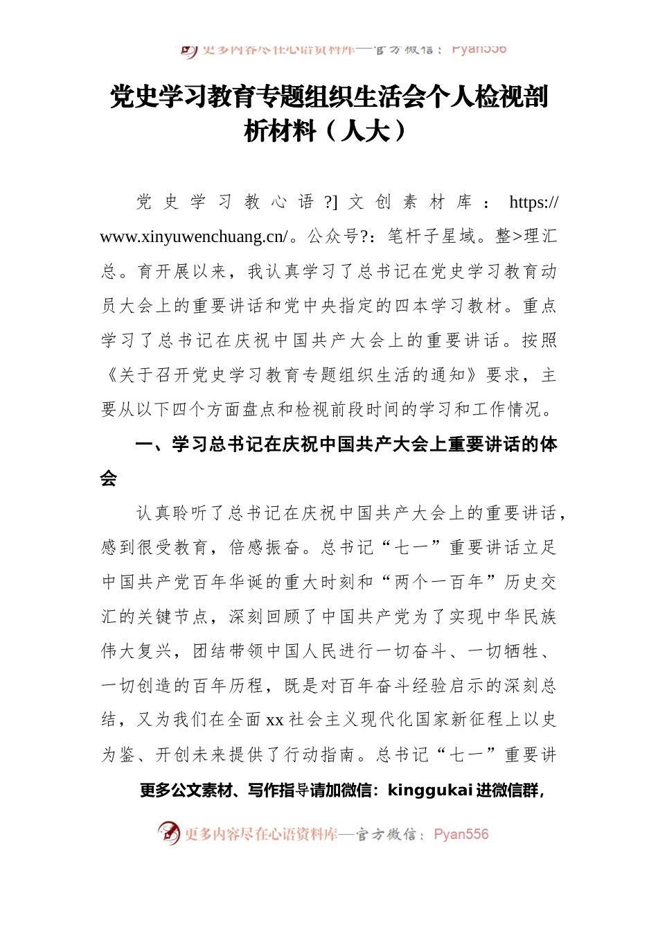 党史学习教育专题组织生活会个人检视剖析材料（人大）.docx_第1页