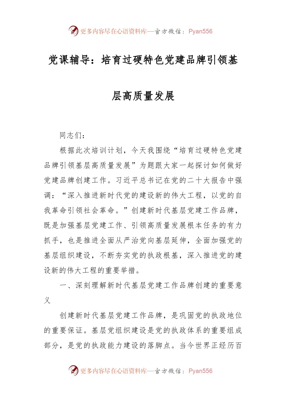 党课辅导：培育过硬特色党建品牌引领基层高质量发展.docx_第1页