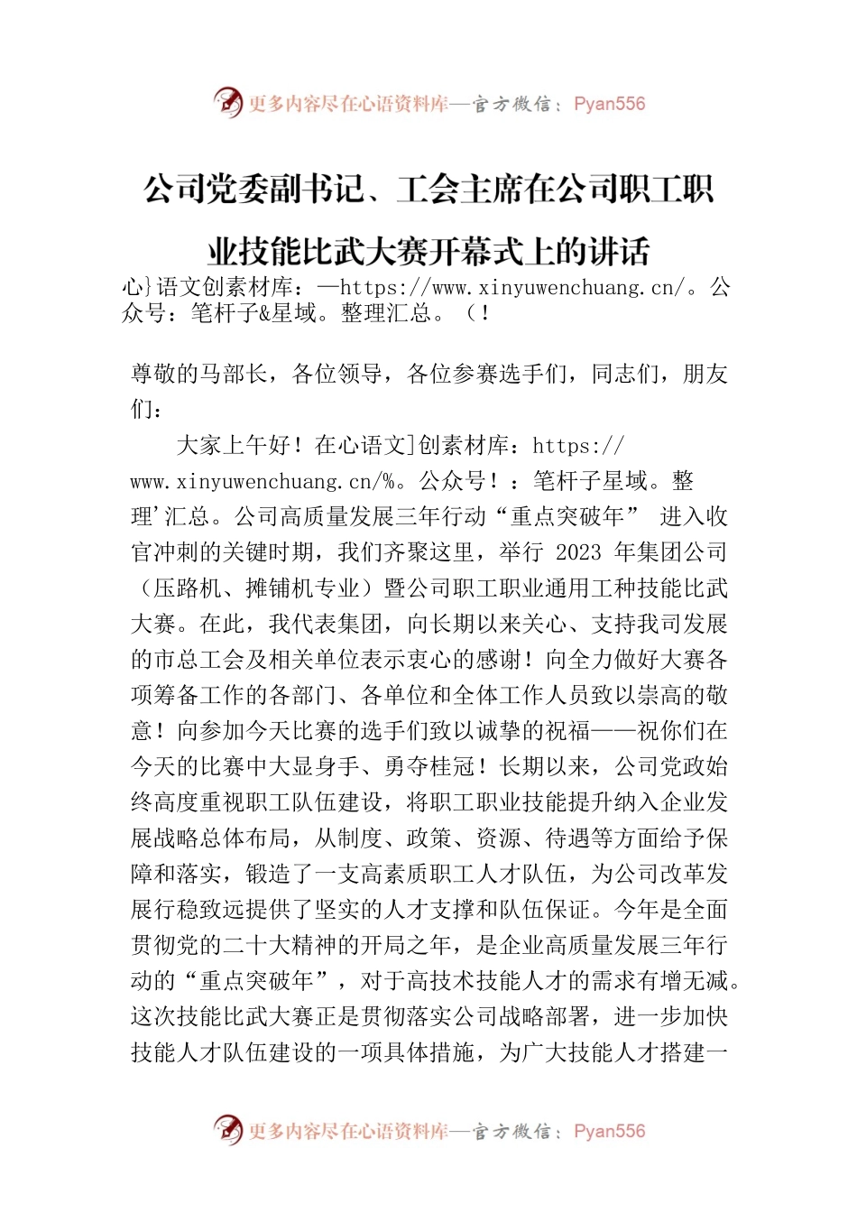 公司党委副书记、工会主席在公司职工职业技能比武大赛开幕式上的讲话.docx_第1页