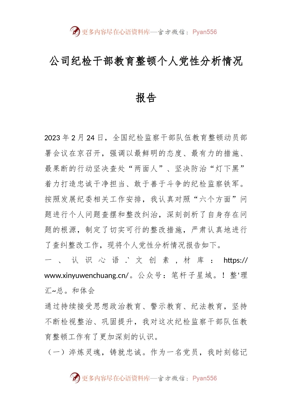 公司纪检干部教育整顿个人党性分析情况报告.docx_第1页