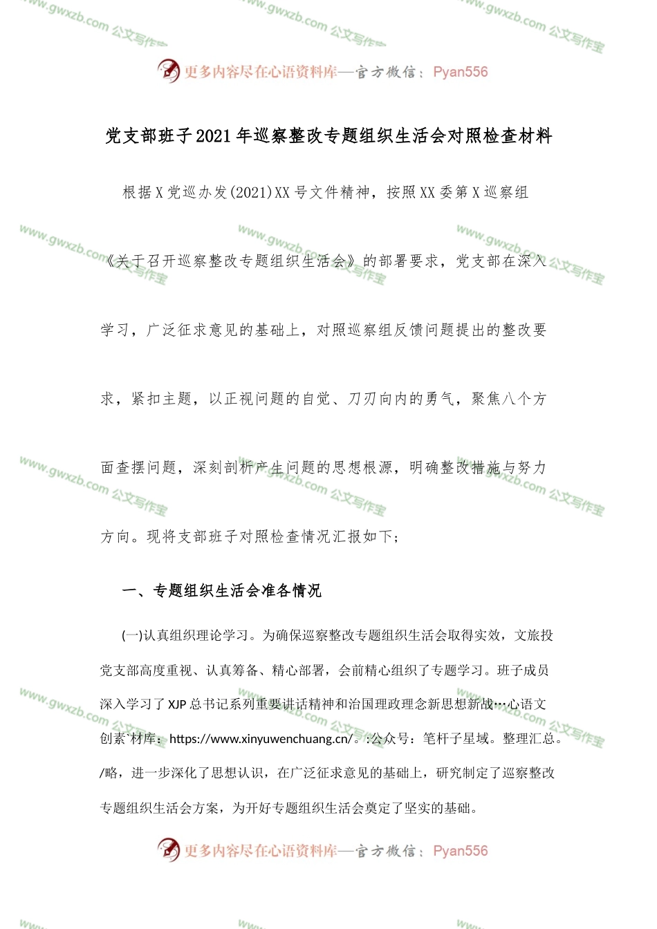 党支部班子2021年巡察整改专题组织生活会对照检查材料.docx_第1页
