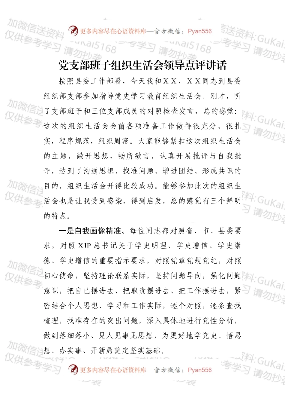 党支部班子组织生活会领导点评讲话.docx_第1页