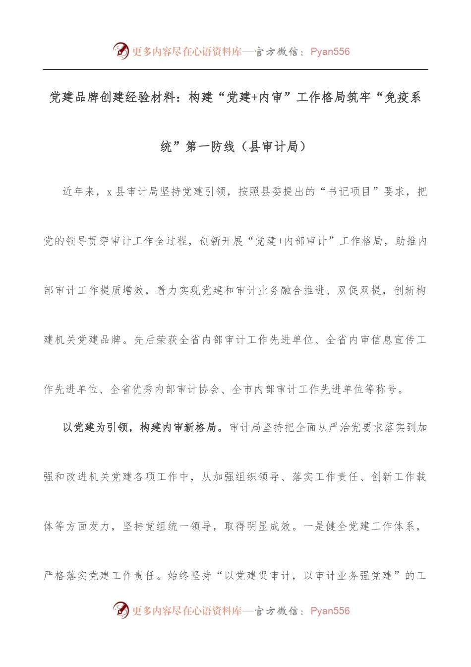 党建品牌创建经验材料：构建“党建+内审”工作格局筑牢“免疫系统”第一防线[县审计局].docx_第1页