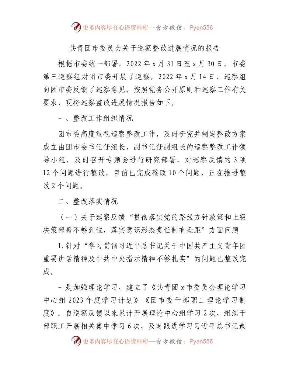 共青团巡察整改进展情况总结报告5800字.docx_第1页
