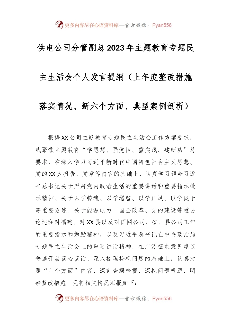 供电公司分管副总2023年主题教育专题民主生活会个人发言稿提纲（上年度整改措施落实情况、新六个方面、典型案例剖析）.docx_第1页