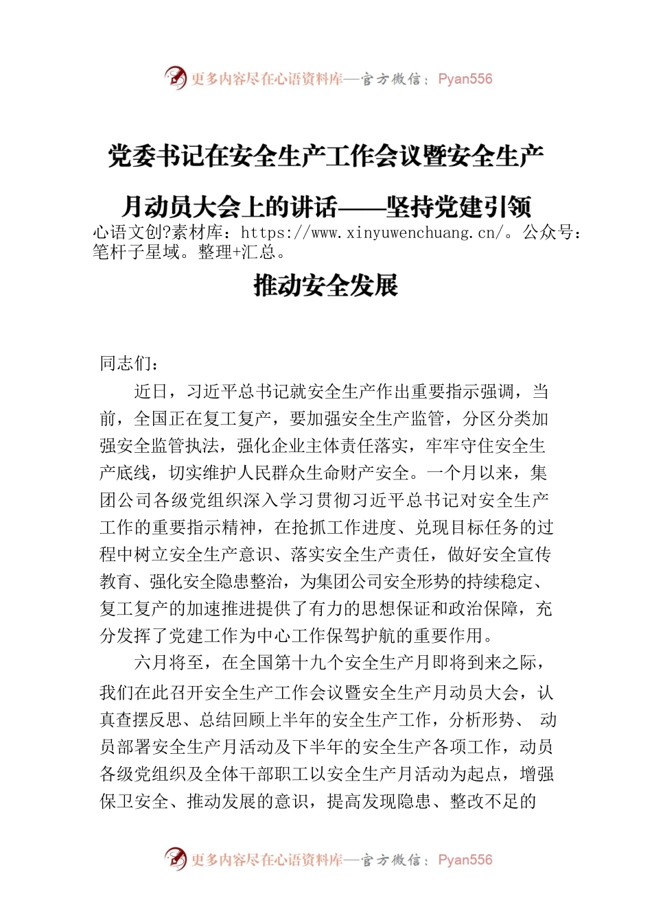 党委书记在安全生产工作会议暨安全生产月动员大会上的讲话——坚持党建引领  推动安全发展.docx_第1页