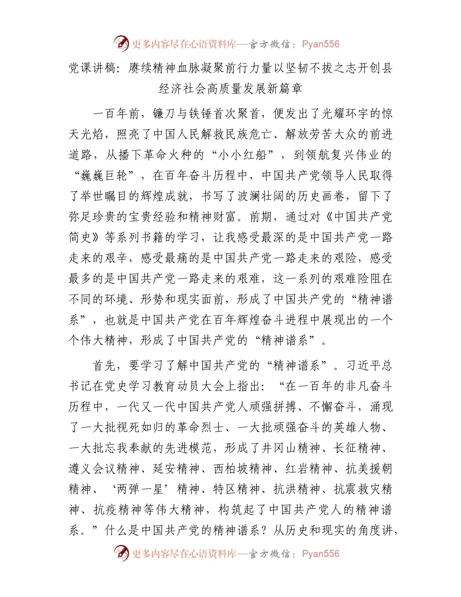 党课讲稿：赓续精神血脉凝聚前行力量以坚韧不拔之志开创县经济社会高质量发展新篇章.docx_第1页