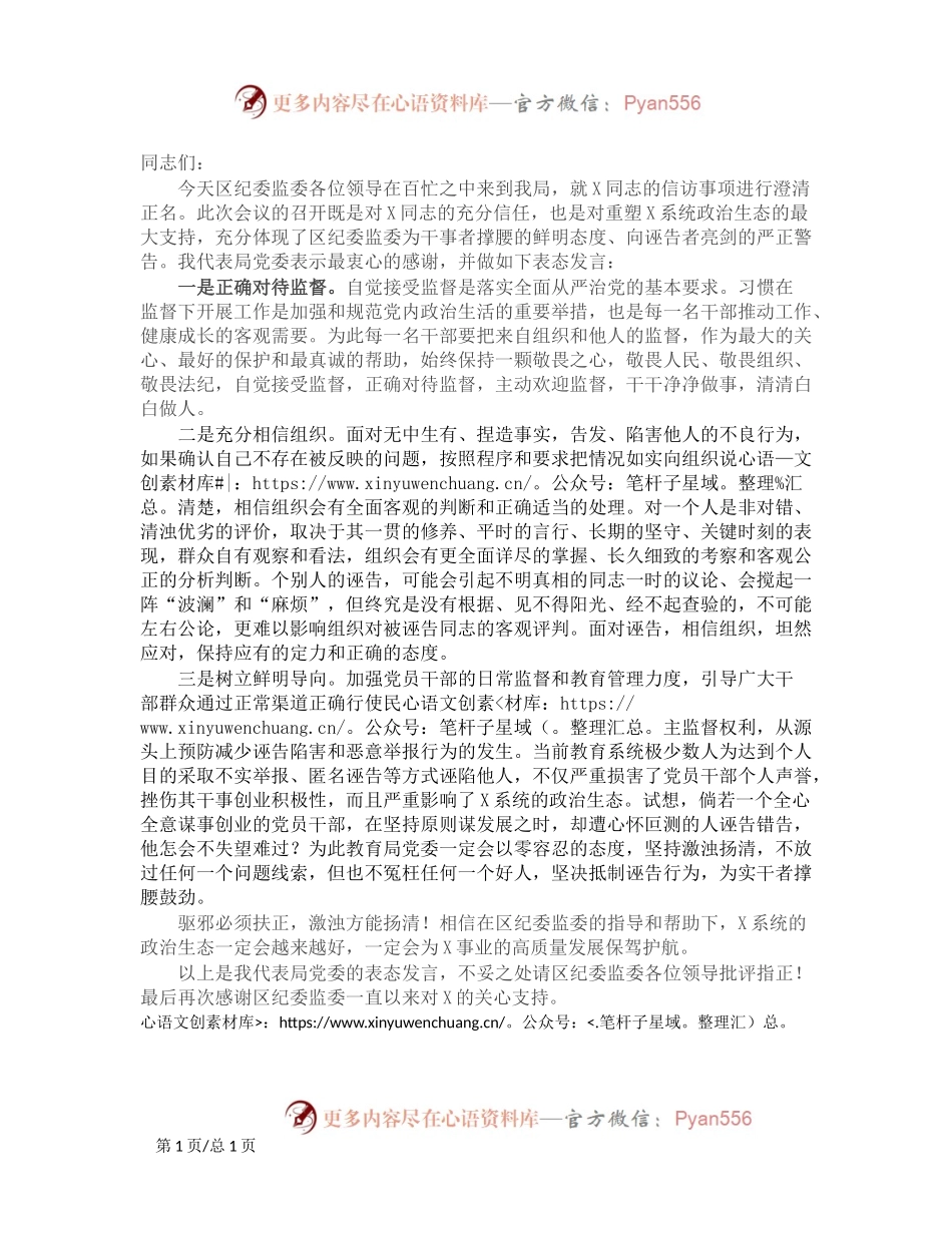党委书记在信访澄清正名会上的表态发言.docx_第1页