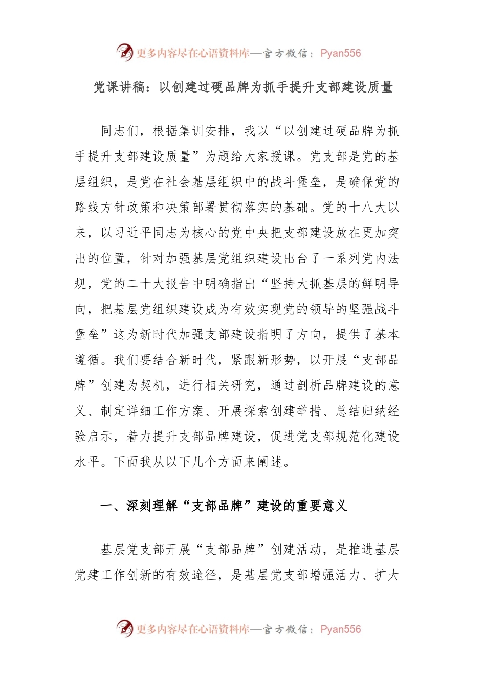 党课讲稿：以创建过硬品牌为抓手提升支部建设质量.docx_第1页