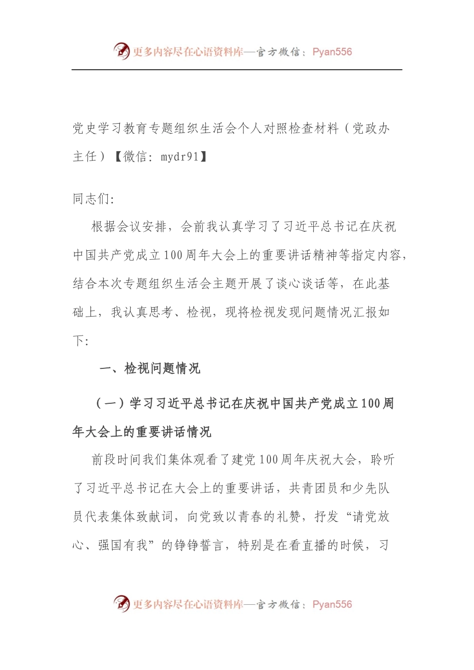 党史学习教育专题组织生活会个人对照检查材料（党政办主任）（5）.docx_第1页