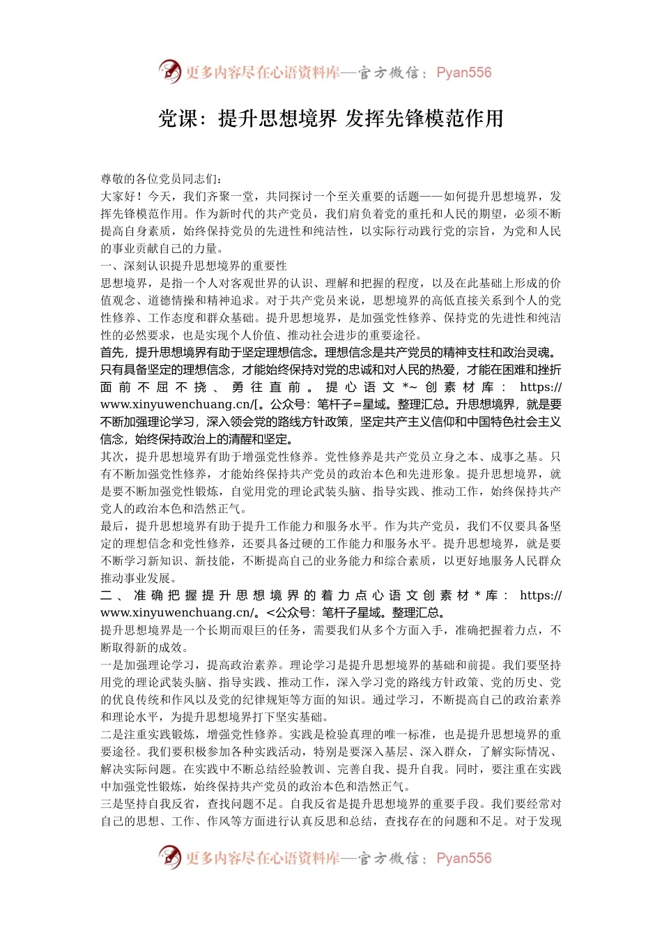 党课：提升思想境界 发挥先锋模范作用.docx_第1页