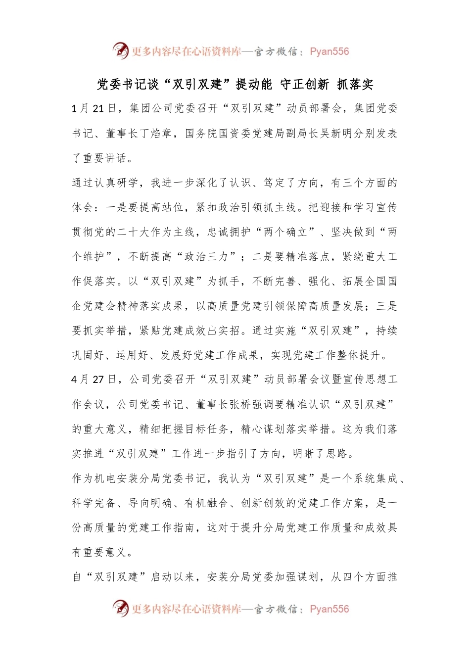 党委书记谈“双引双建”提动能 守正创新 抓落实.docx_第1页
