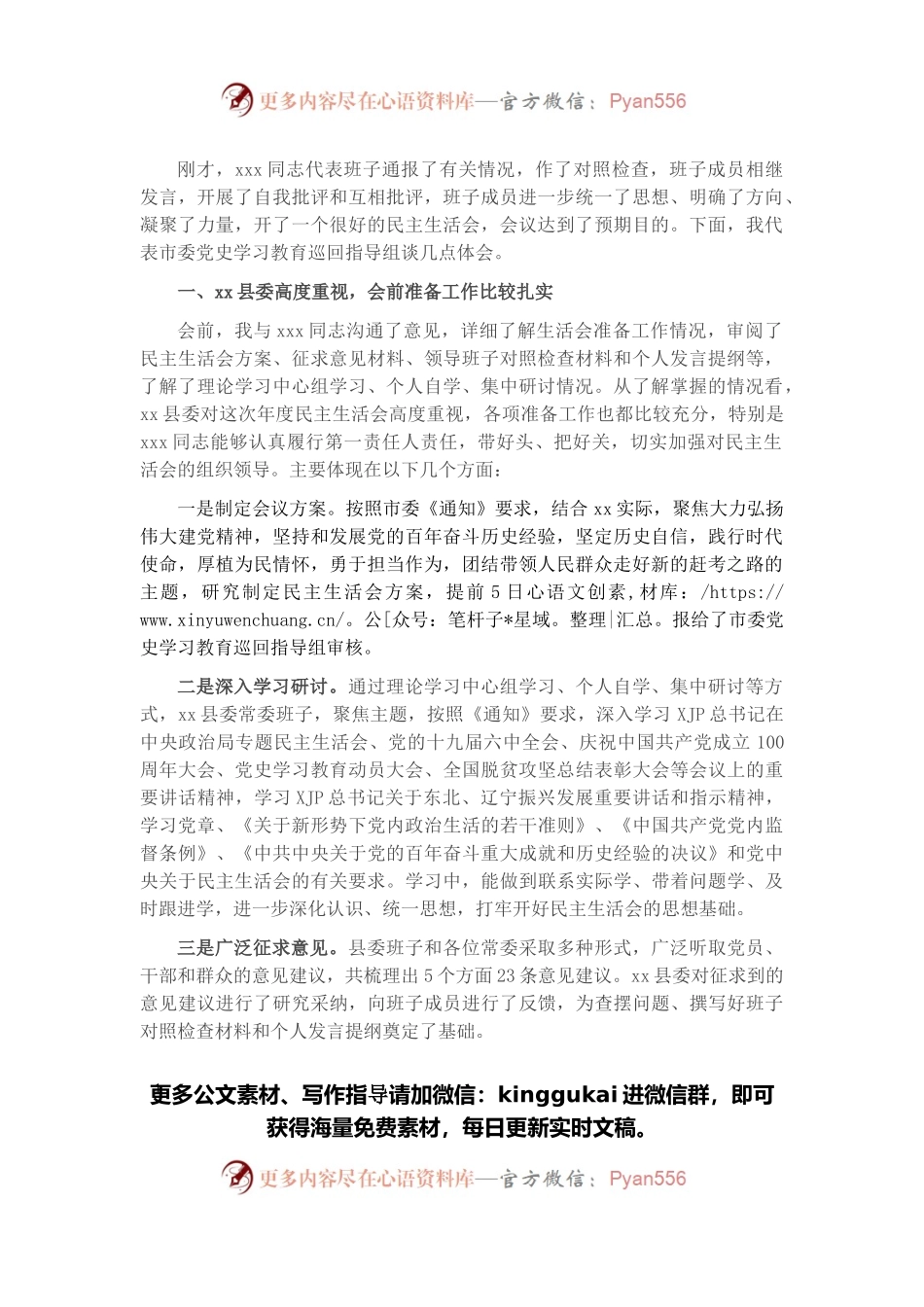 党史学习教育专题民主生活会督导组组长点评讲话.docx_第1页