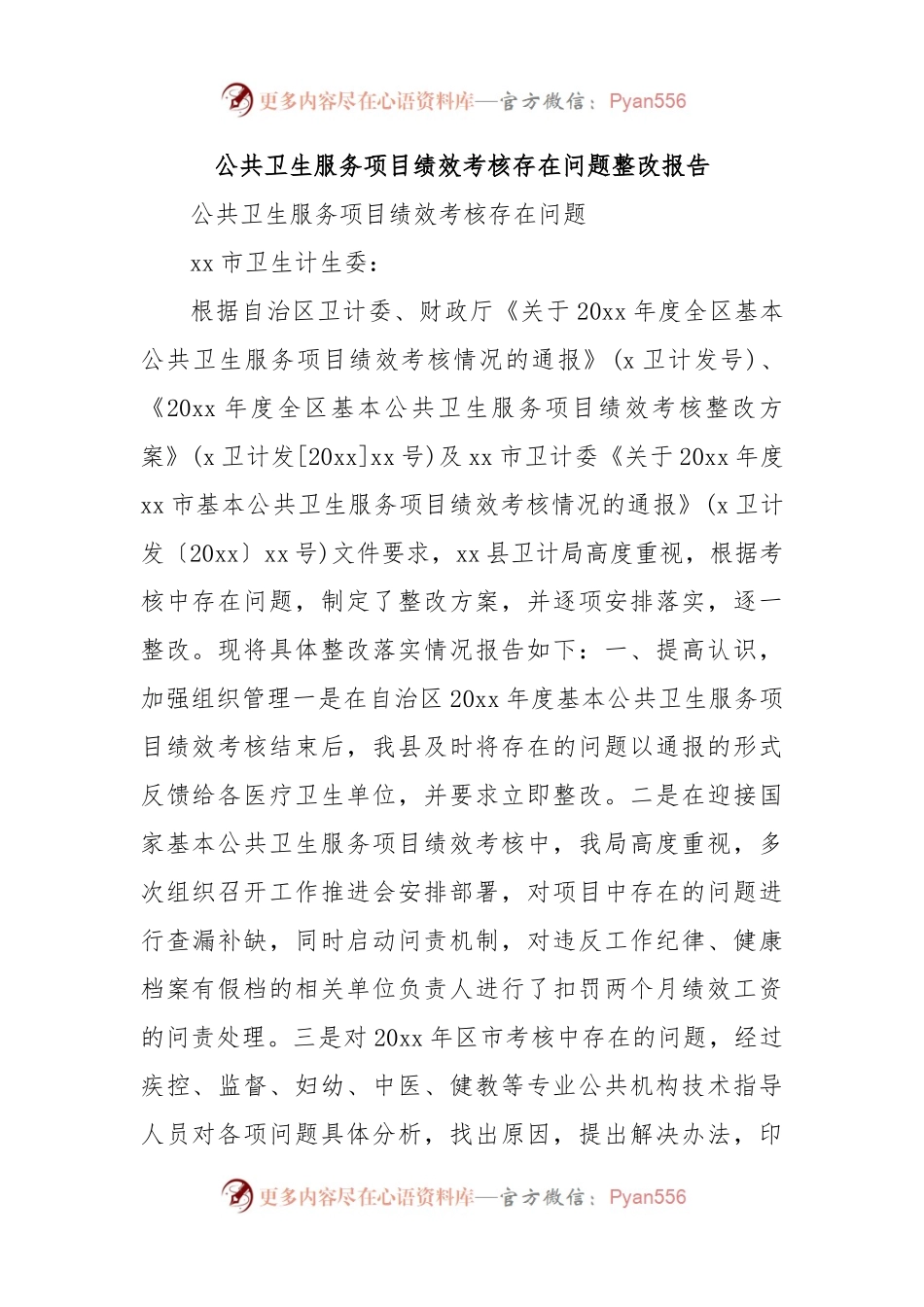 公共卫生服务项目绩效考核存在问题整改报告.docx_第1页