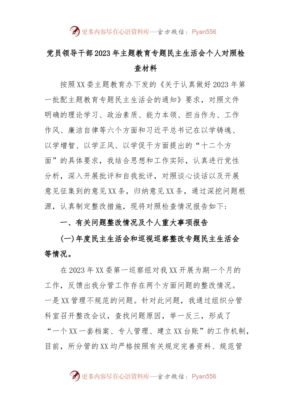 党员领导干部2023年主题教育专题民主生活会个人对照检查材料.docx_第1页