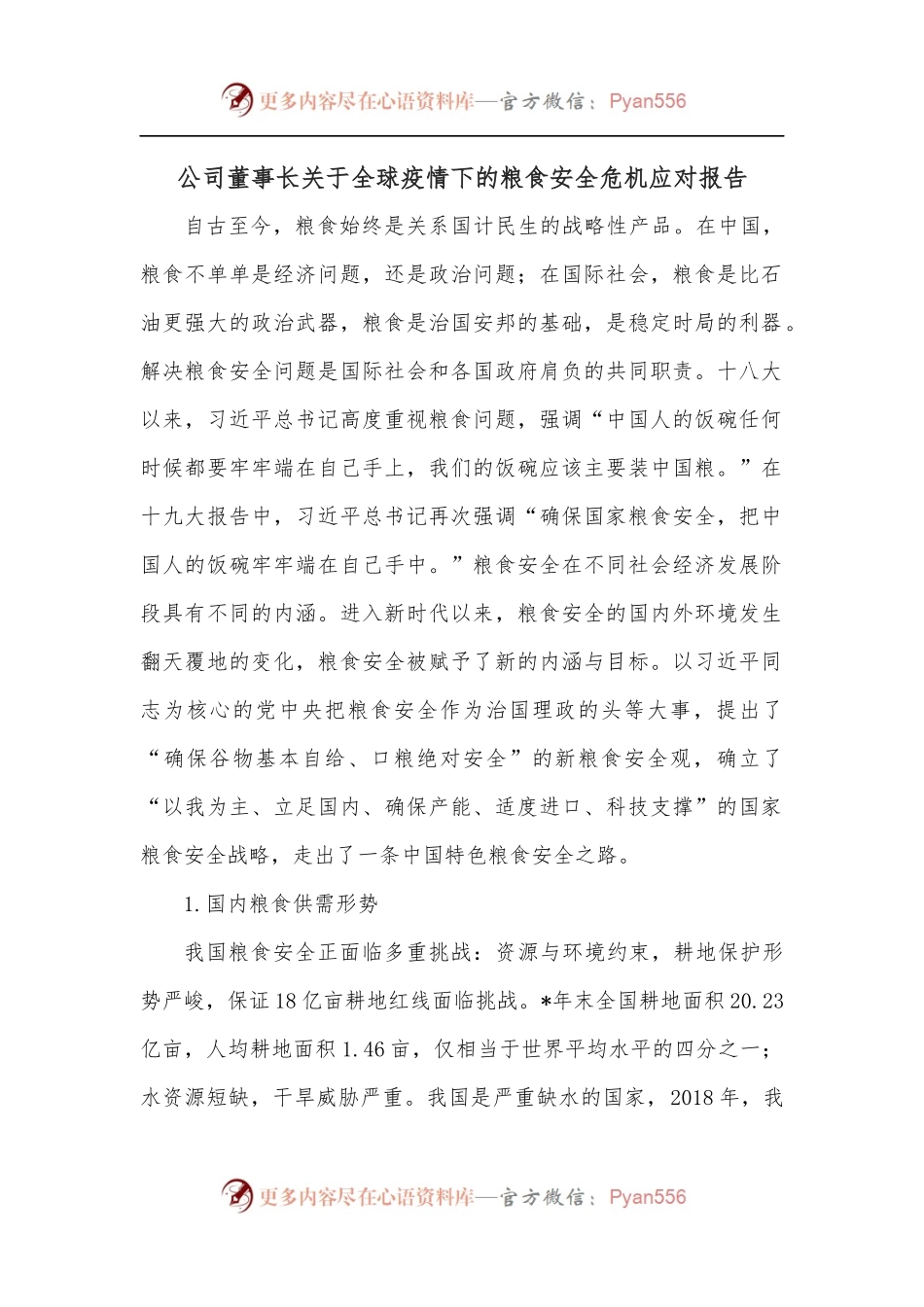 公司董事长关于全球疫情下的粮食安全危机应对报告.docx_第1页