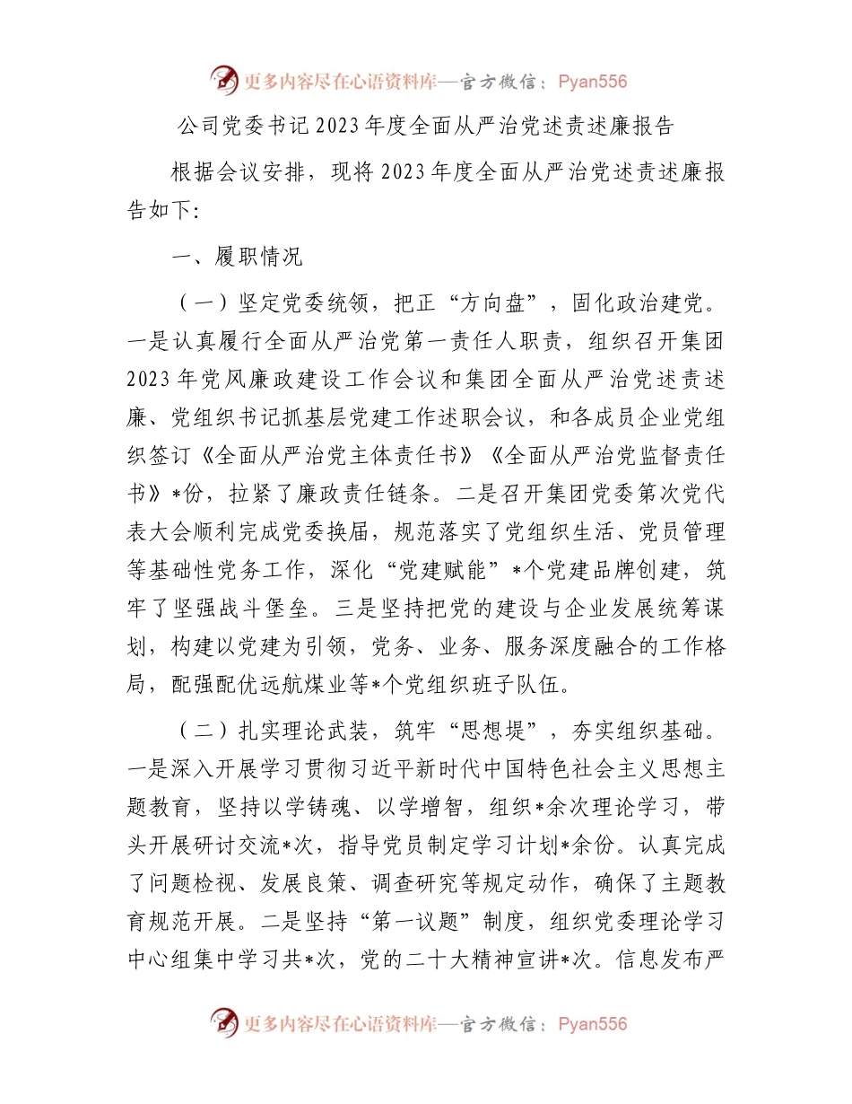 公司党委书记2023年度全面从严治党述责述廉报告.docx_第1页