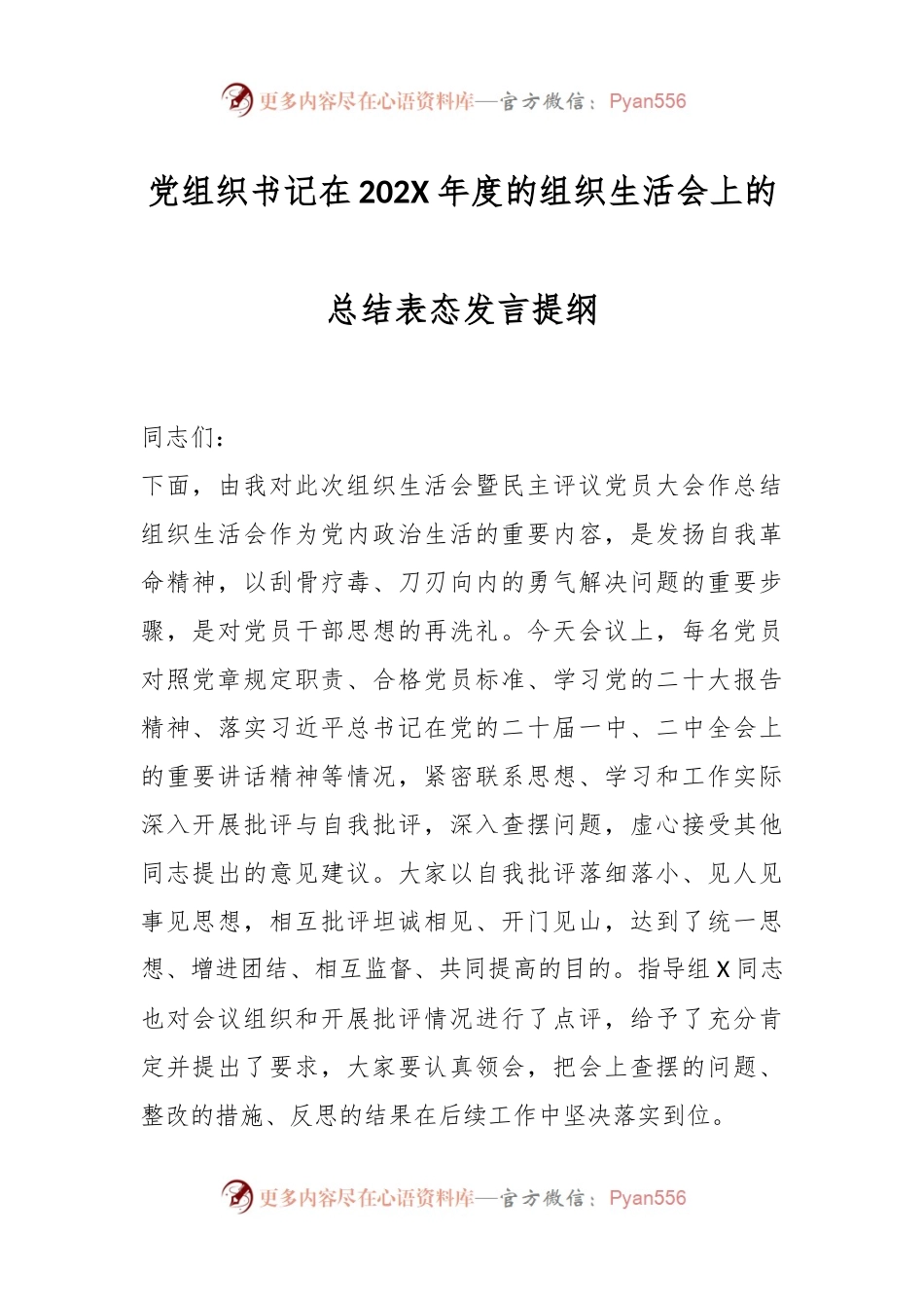 党组织书记在202X年度的组织生活会上的总结表态发言提纲.docx_第1页