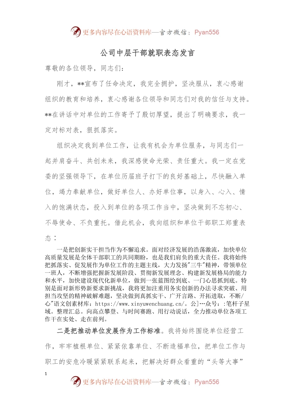 公司中层干部就职表态发言.docx_第1页