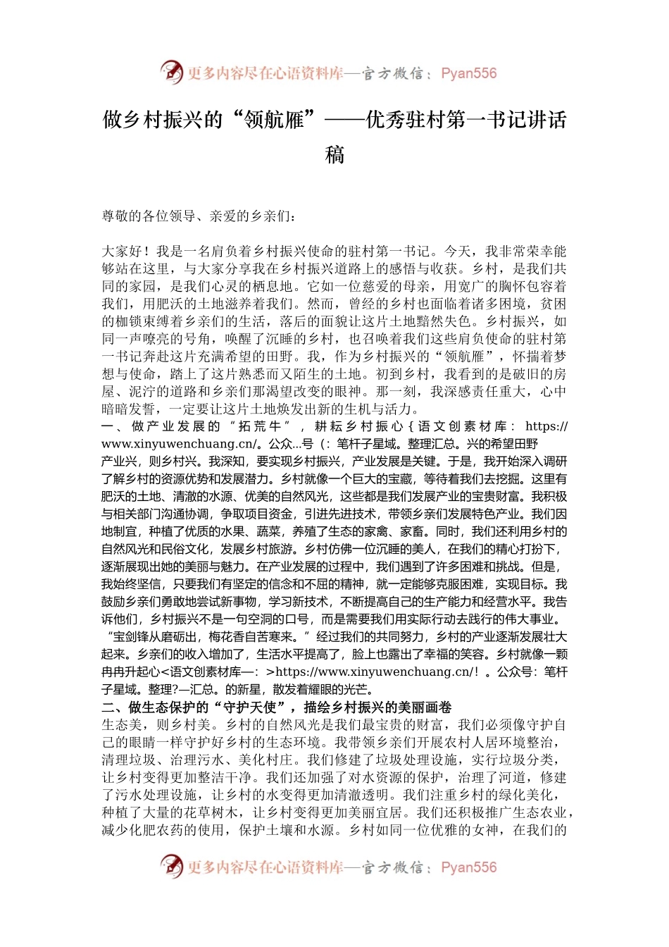 做乡村振兴的“领航雁”——优秀驻村第一书记讲话稿.docx_第1页