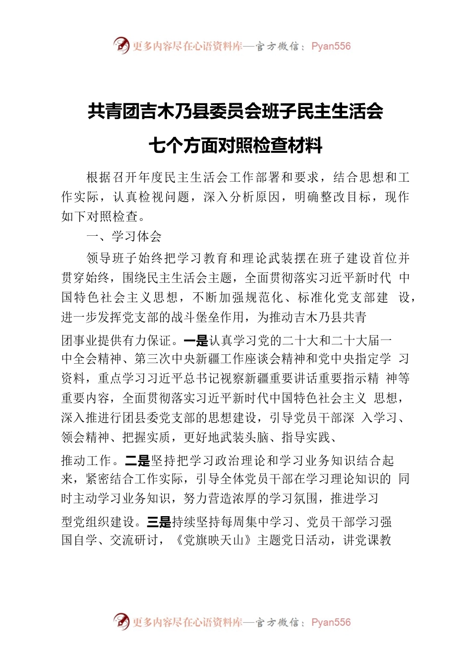 共青团吉XX县委员会班子民主生活会对照检查材料.docx_第1页