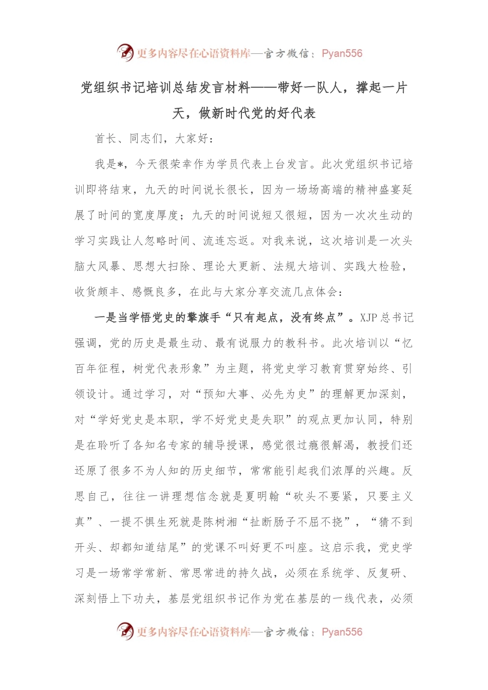 党组织书记培训总结发言材料——带好一队人，撑起一片天，做新时代党的好代表.docx_第1页