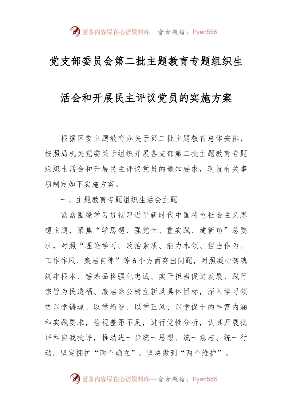 党支部委员会第二批主题教育专题组织生活会和开展民主评议党员的实施方案.docx_第1页