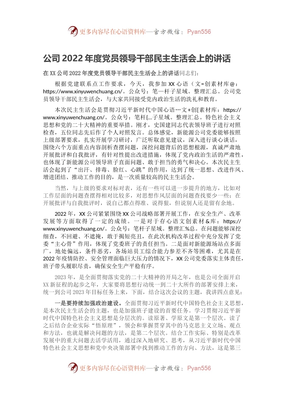 公司2022年度党员领导干部民主生活会上的讲话.docx_第1页